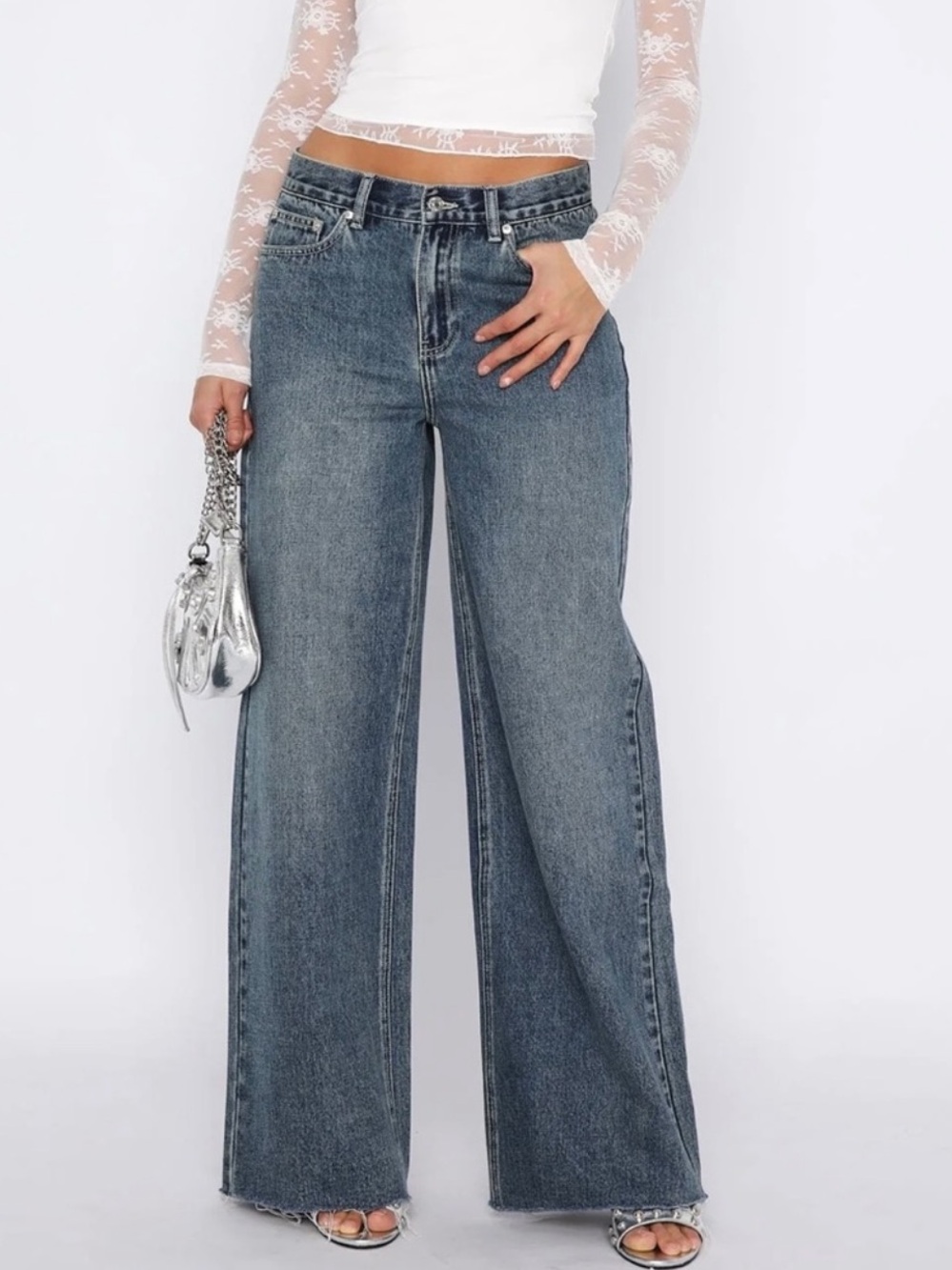 White Fox Boutique Wide Leg Mid-Rise Jeans - Washed Blue Denim